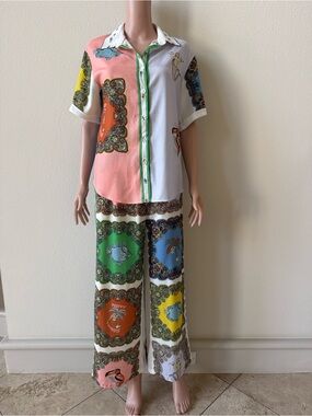 Multicolor Printed Wide-Leg Jumpsuit Pants Set